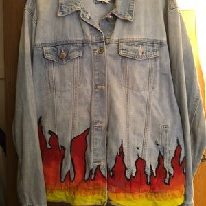 black jean jacket with flames